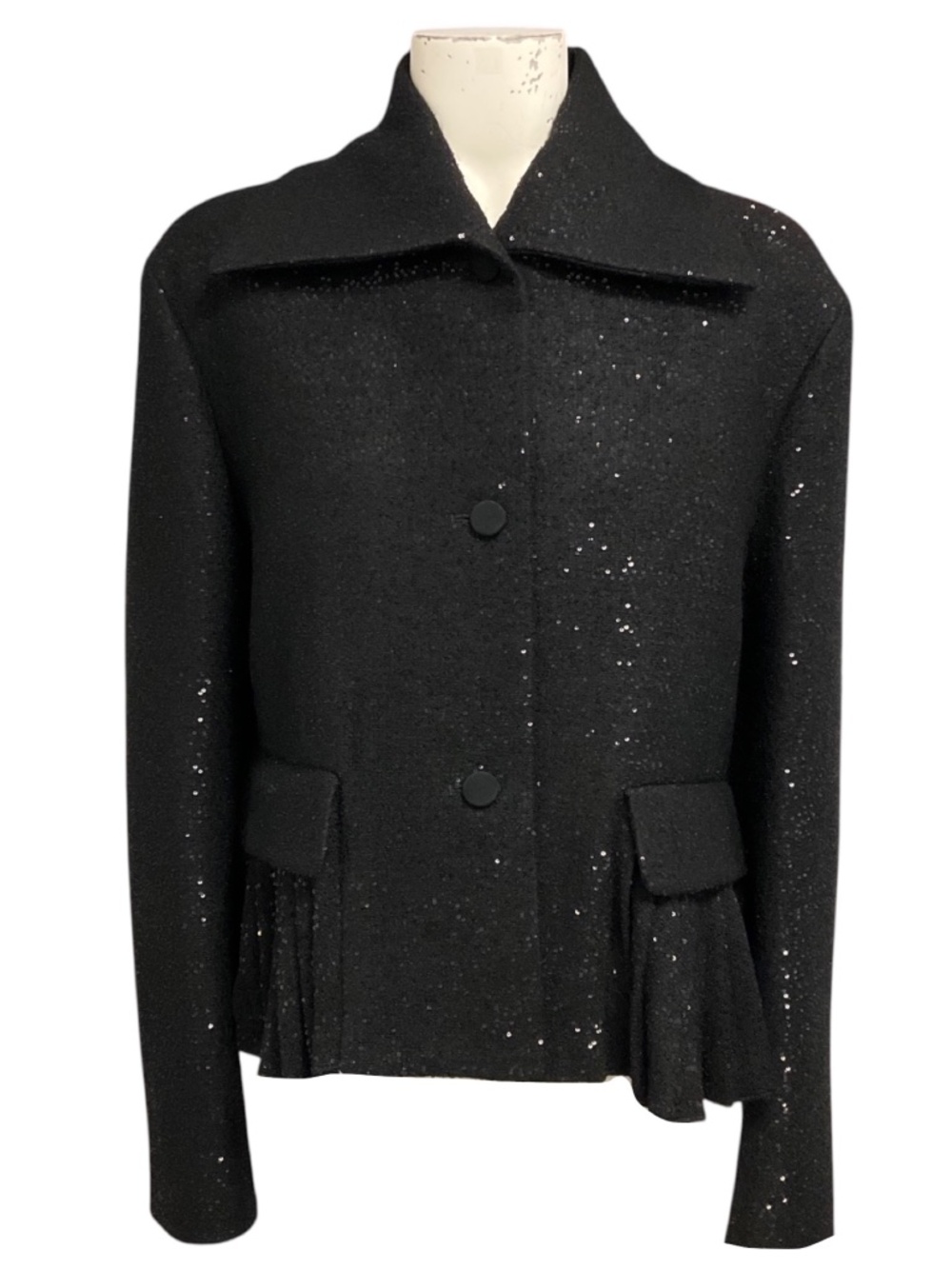 ROCHAS BLACK SEQUINED WOOL PLEATED HEM JACKET